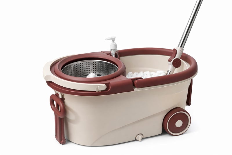 16L Mop and Bucket Set with Stainless Steel Centrifuge, 150cm Reinforced Handle, Wheels, Reinforced Handle, Integrated Soap Dispenser, and 2 Microfiber Refills