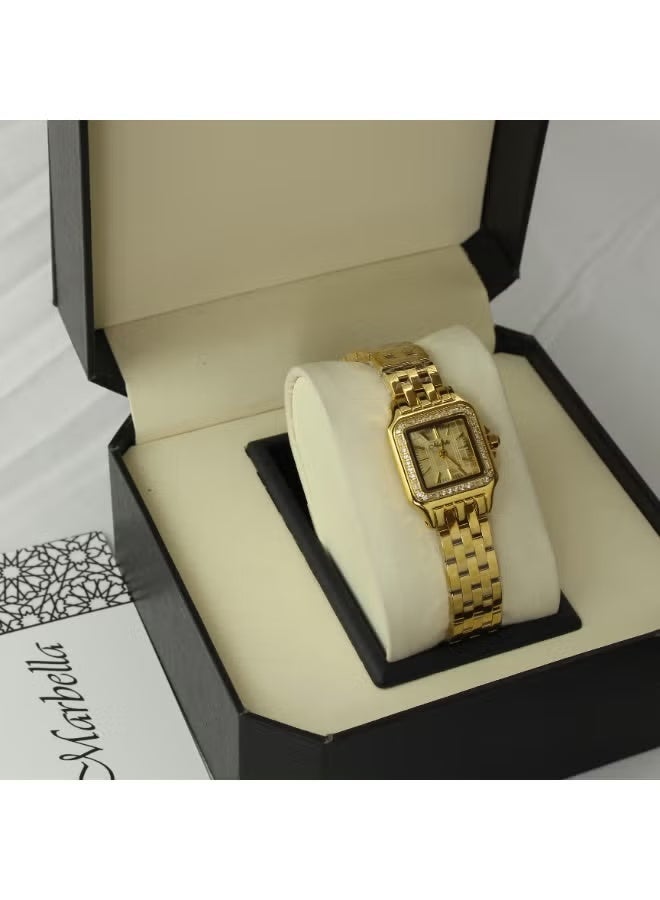 Women's steel wristwatch in a Cartier style, adorned with zircon stones, water-resistant, modern, and high-quality, with a gold bracelet and gold dial.