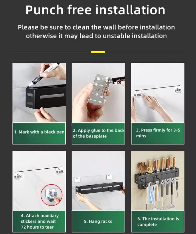 Deejay Kitchen Shelf Wall Mount Knife Holder,Towel Hanger, Spatula Ladle Hanging Hooks, Cutlery Holder Storage Rack High Grade Metal Multi-Purpose (44 x 4.5 x 8cm) - Image 2