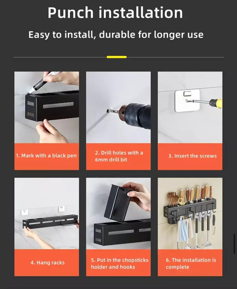 Deejay Kitchen Shelf Wall Mount Knife Holder,Towel Hanger, Spatula Ladle Hanging Hooks, Cutlery Holder Storage Rack High Grade Metal Multi-Purpose (44 x 4.5 x 8cm) - Image 3