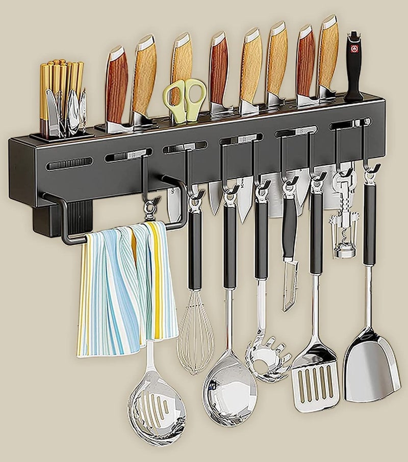 Deejay Kitchen Shelf Wall Mount Knife Holder,Towel Hanger, Spatula Ladle Hanging Hooks, Cutlery Holder Storage Rack High Grade Metal Multi-Purpose (44 x 4.5 x 8cm) - Image 1