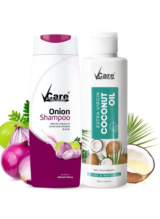 VCare شامبو بصل صغير لنمو الشعر 200 مل وزيت جوز الهند البكر المعصور على البارد للعناية بالشعر والبشرة للرجال والنساء؛ زيت تدليك للأطفال حديثي الولادة لعناية الشعر للرجال والنساء - Image 1