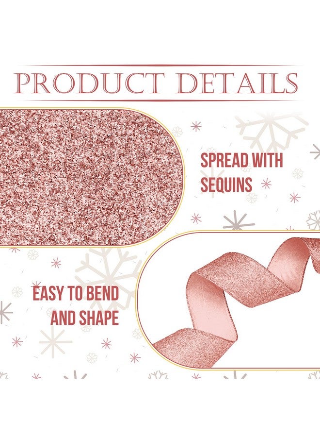 سندير شريط سيندر لامع لعيد الميلاد بطول 50 ياردة، شريط سلكي لامع من الألماس المعدني بعرض 2.5 بوصة، شرائط سلكية لعيد الميلاد، شرائط قماشية مزخرفة بحواف سلكية، هدايا منزلية، أعمال يدوية (ذهبي وردي) - Image 3