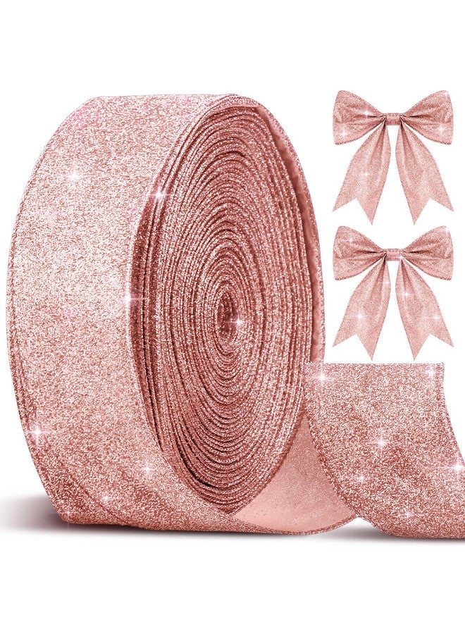سندير شريط سيندر لامع لعيد الميلاد بطول 50 ياردة، شريط سلكي لامع من الألماس المعدني بعرض 2.5 بوصة، شرائط سلكية لعيد الميلاد، شرائط قماشية مزخرفة بحواف سلكية، هدايا منزلية، أعمال يدوية (ذهبي وردي) - Image 1