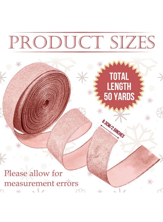 سندير شريط سيندر لامع لعيد الميلاد بطول 50 ياردة، شريط سلكي لامع من الألماس المعدني بعرض 2.5 بوصة، شرائط سلكية لعيد الميلاد، شرائط قماشية مزخرفة بحواف سلكية، هدايا منزلية، أعمال يدوية (ذهبي وردي) - Image 2