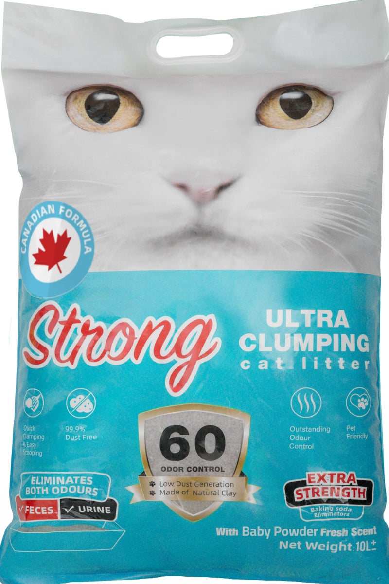 Strong 10L Ultra Clumping Cat Litter Canadian Formula Extra Strength Odor Control Natural Bentonite 99.9% Dust-Free Multi-Cat Baby Powder - Image 1