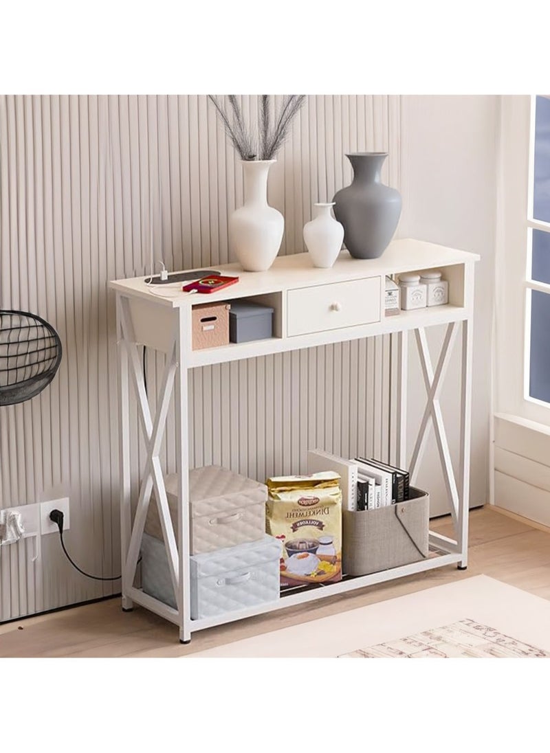 AGD - Coffee Corner Table, Entryway Console Table with Charging Station, Side Table for Corridor, Living Room, Coffee Corner with Storage Shelf and Power Outlet, White - Image 1
