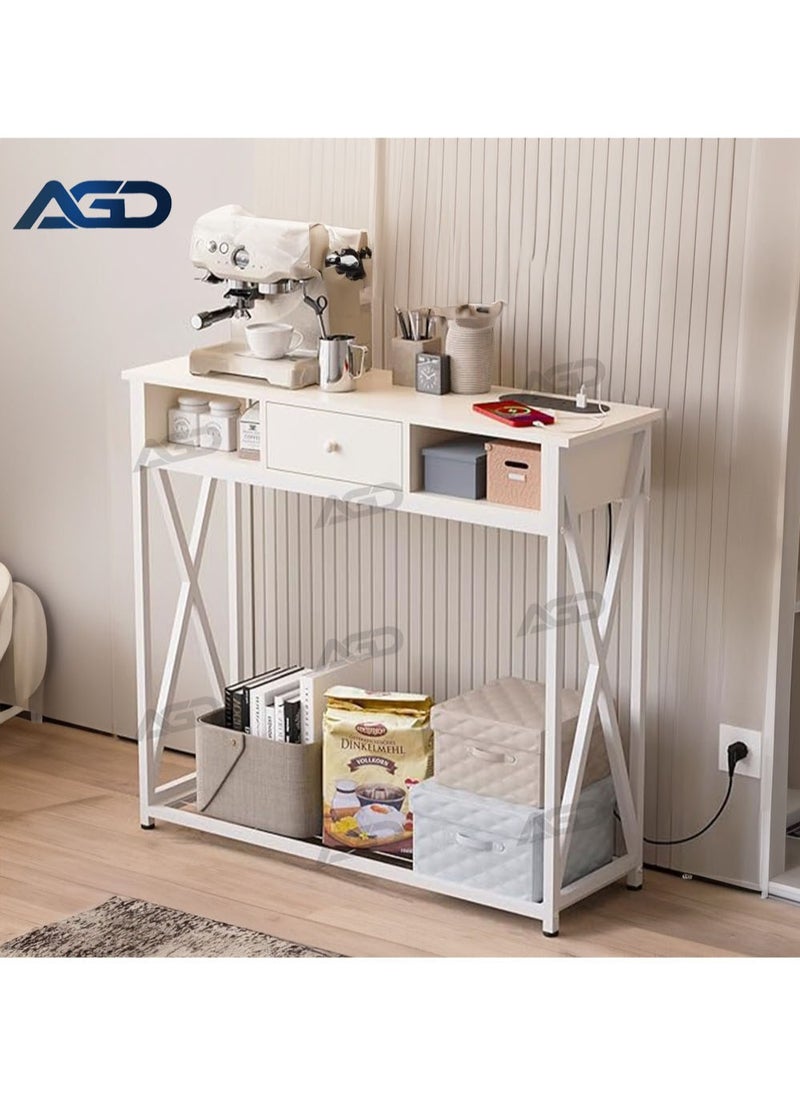AGD - Coffee Corner Table, Entryway Console Table with Charging Station, Side Table for Corridor, Living Room, Coffee Corner with Storage Shelf and Power Outlet, White - Image 1