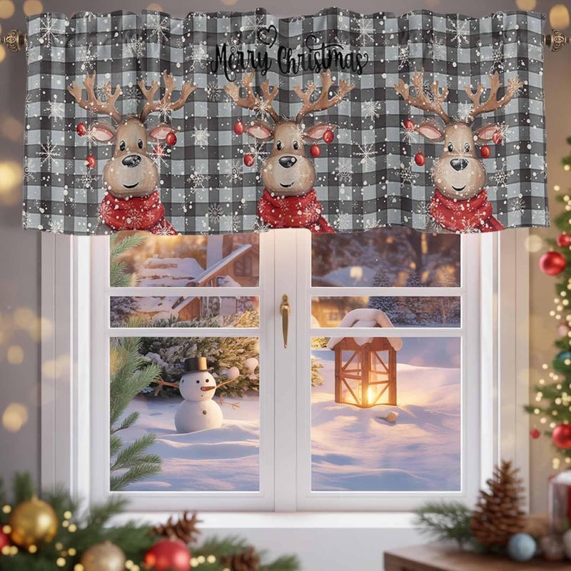 Christmas Curtain Valances Reindeer Xmas Ball Valance for Kitchen Windows Snowflake Buffalo Plaid Rod Pocket Valance Curtains for Living Room Bedroom Small Windows Home Decor 60x18in - Image 5