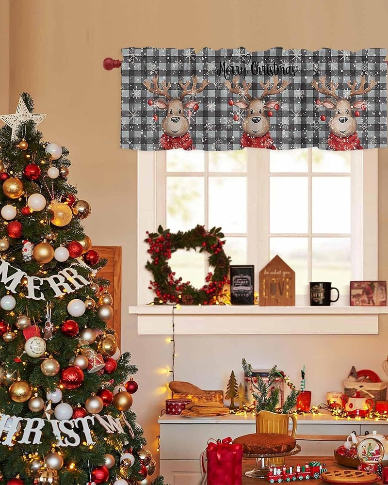 Christmas Curtain Valances Reindeer Xmas Ball Valance for Kitchen Windows Snowflake Buffalo Plaid Rod Pocket Valance Curtains for Living Room Bedroom Small Windows Home Decor 60x18in - Image 4