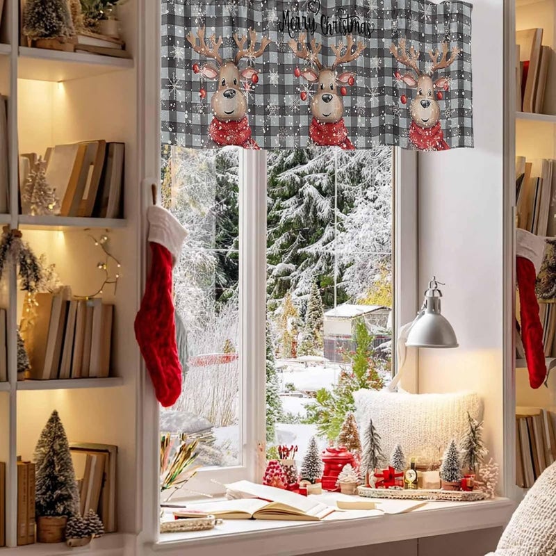 Christmas Curtain Valances Reindeer Xmas Ball Valance for Kitchen Windows Snowflake Buffalo Plaid Rod Pocket Valance Curtains for Living Room Bedroom Small Windows Home Decor 60x18in - Image 3