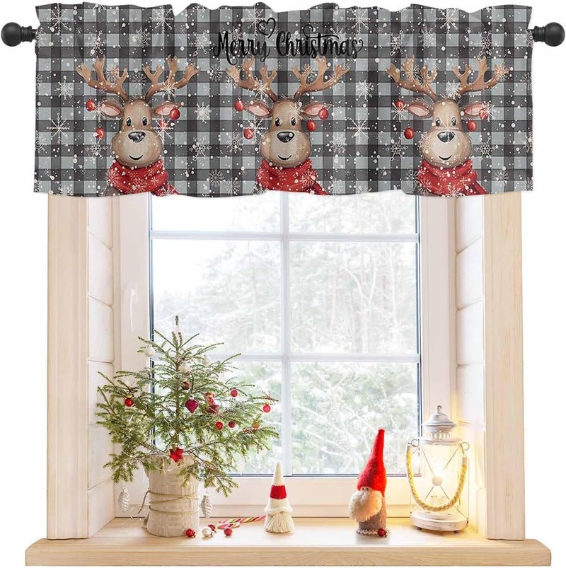 Christmas Curtain Valances Reindeer Xmas Ball Valance for Kitchen Windows Snowflake Buffalo Plaid Rod Pocket Valance Curtains for Living Room Bedroom Small Windows Home Decor 60x18in - Image 1