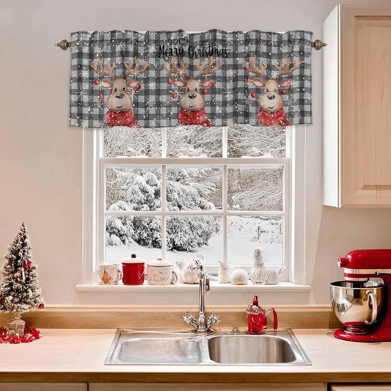 Christmas Curtain Valances Reindeer Xmas Ball Valance for Kitchen Windows Snowflake Buffalo Plaid Rod Pocket Valance Curtains for Living Room Bedroom Small Windows Home Decor 60x18in - Image 2
