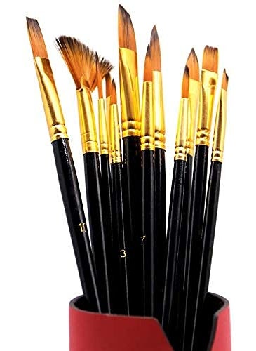 CRAFTDEV - CraftDev Artist Painting Brish Set of 12, Wood Handle, Nylon Hair, for Acrylics, Watercolor & Oil - Image 1