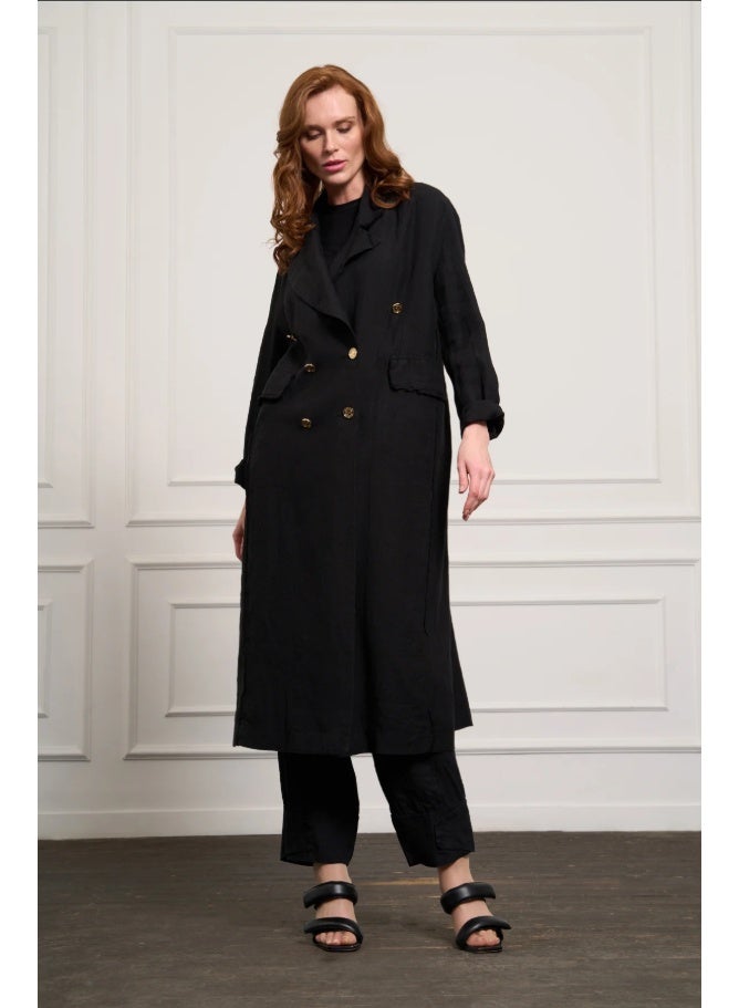 MissWhence Double-Breasted Raw Linen Overcoat - Black - Image 3