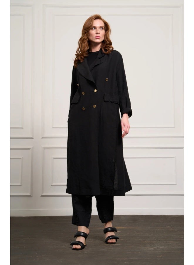MissWhence Double-Breasted Raw Linen Overcoat - Black - Image 1
