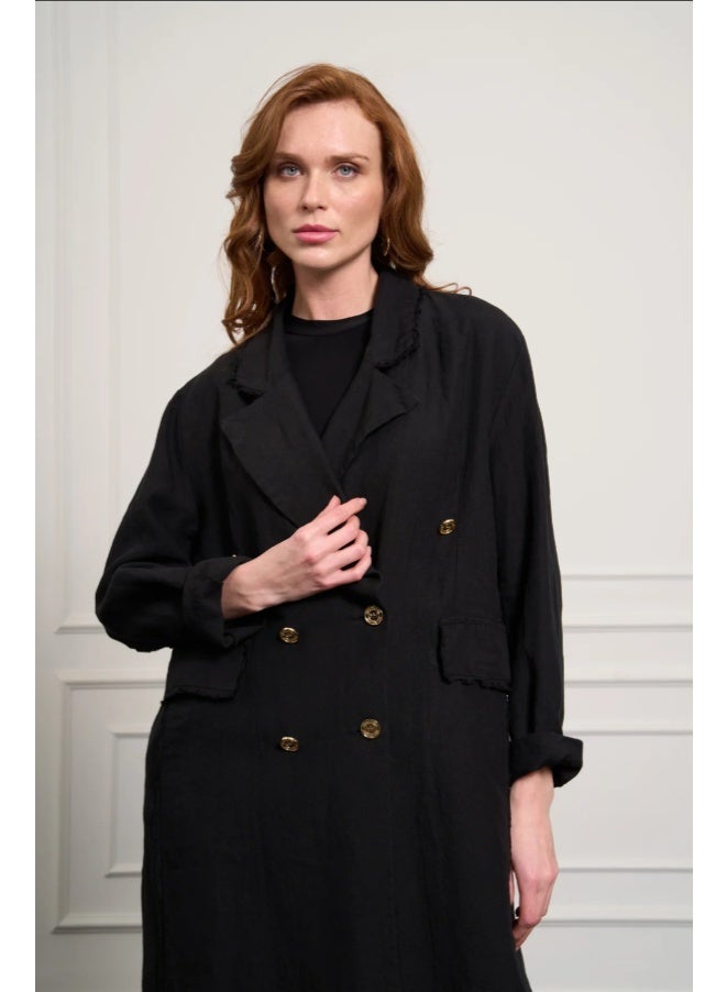 MissWhence Double-Breasted Raw Linen Overcoat - Black - Image 2