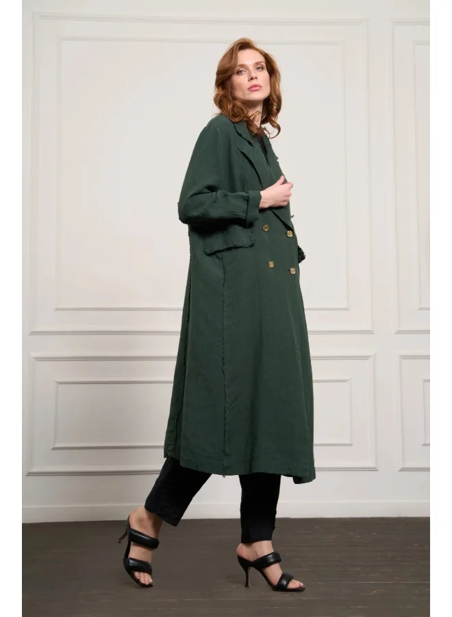 MissWhence  Double-Breasted Raw Linen Overcoat - Black for Women | Best Price UAE