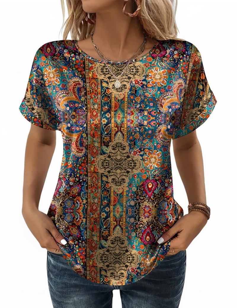 Zeagoo Boho Tops for Women Short Sleeve Satin Work Blouse Silk Shirt Basic Tee Crewneck Summer Outfit Business Casual Clothes - Image 1