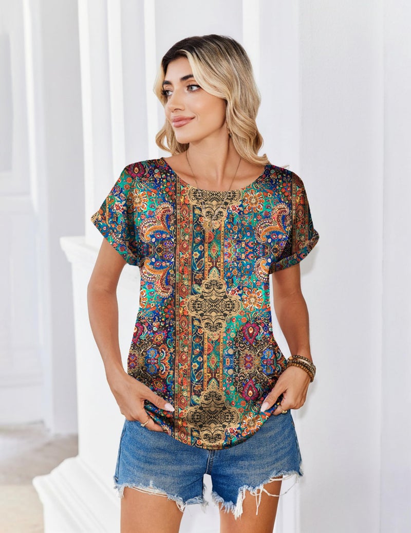 Zeagoo Boho Tops for Women Short Sleeve Satin Work Blouse Silk Shirt Basic Tee Crewneck Summer Outfit Business Casual Clothes - Image 5