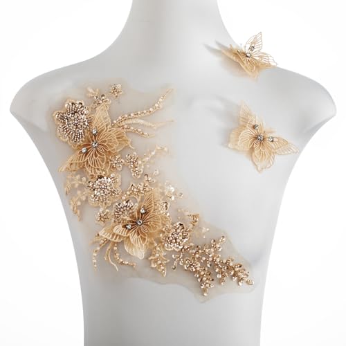 FixrWre Flower Pearl Fabric Rhinestones Beaded Lace Applique,3D Butterfly Embroidered Lace Patch for Clothes,Dress (Light Coffee) - Image 1