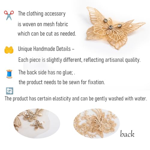 FixrWre Flower Pearl Fabric Rhinestones Beaded Lace Applique,3D Butterfly Embroidered Lace Patch for Clothes,Dress (Light Coffee) - Image 5