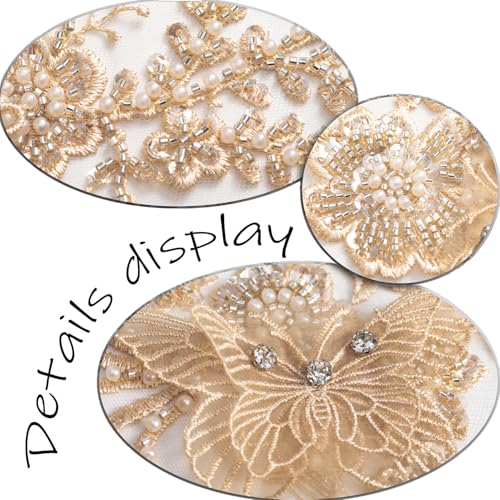 FixrWre Flower Pearl Fabric Rhinestones Beaded Lace Applique,3D Butterfly Embroidered Lace Patch for Clothes,Dress (Light Coffee) - Image 4