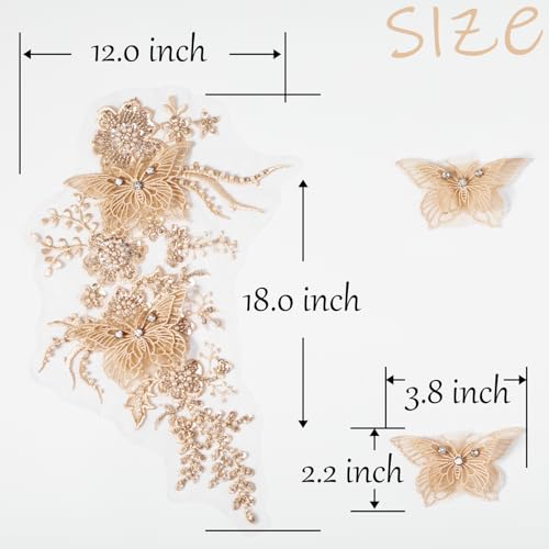 FixrWre Flower Pearl Fabric Rhinestones Beaded Lace Applique,3D Butterfly Embroidered Lace Patch for Clothes,Dress (Light Coffee) - Image 2