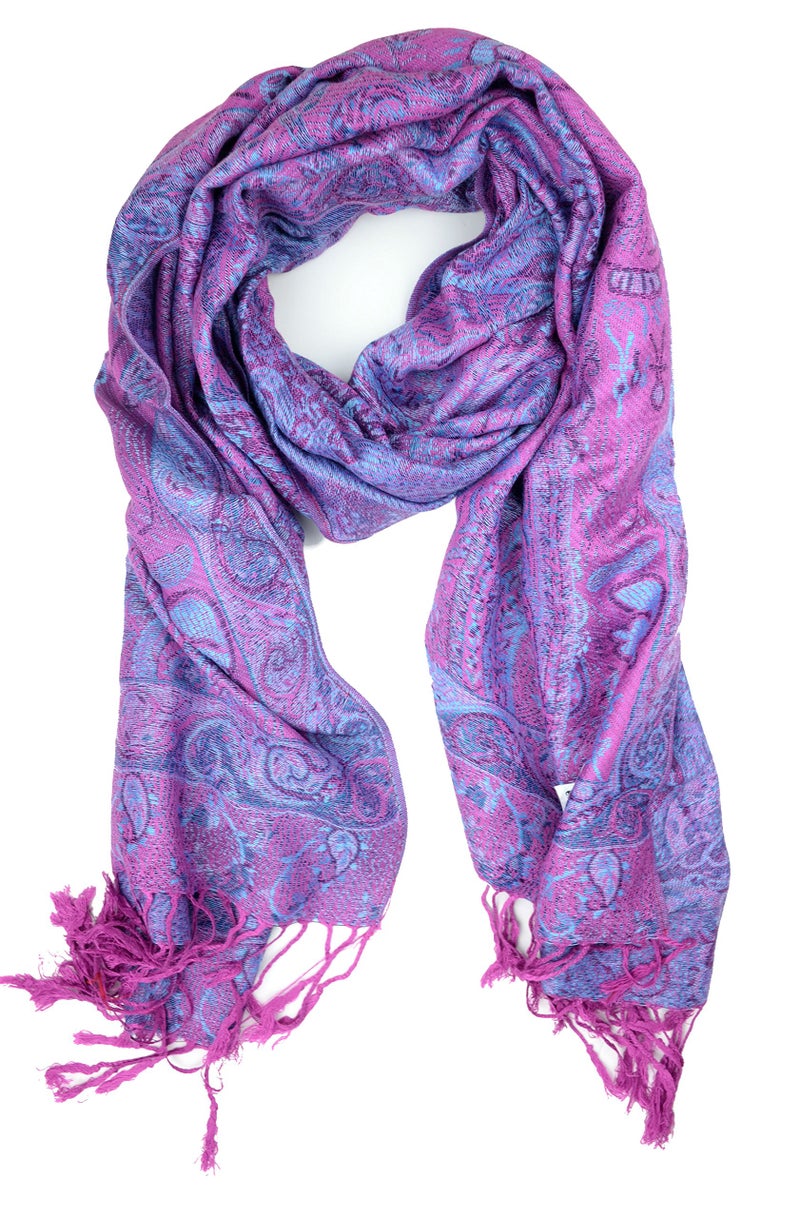 Plum Feathers Pashmina Scarf with Ethnic Tapestry Style Paisley Pattern - 67" x 28" Everyday Pashmina Travel Wrap and Shawl (Purple Tapestry) - Image 1