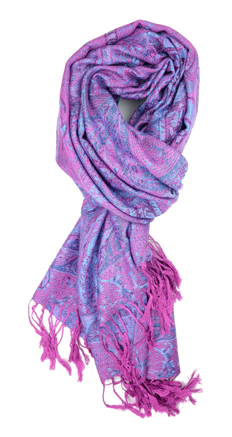 Plum Feathers Pashmina Scarf with Ethnic Tapestry Style Paisley Pattern - 67" x 28" Everyday Pashmina Travel Wrap and Shawl (Purple Tapestry) - Image 2