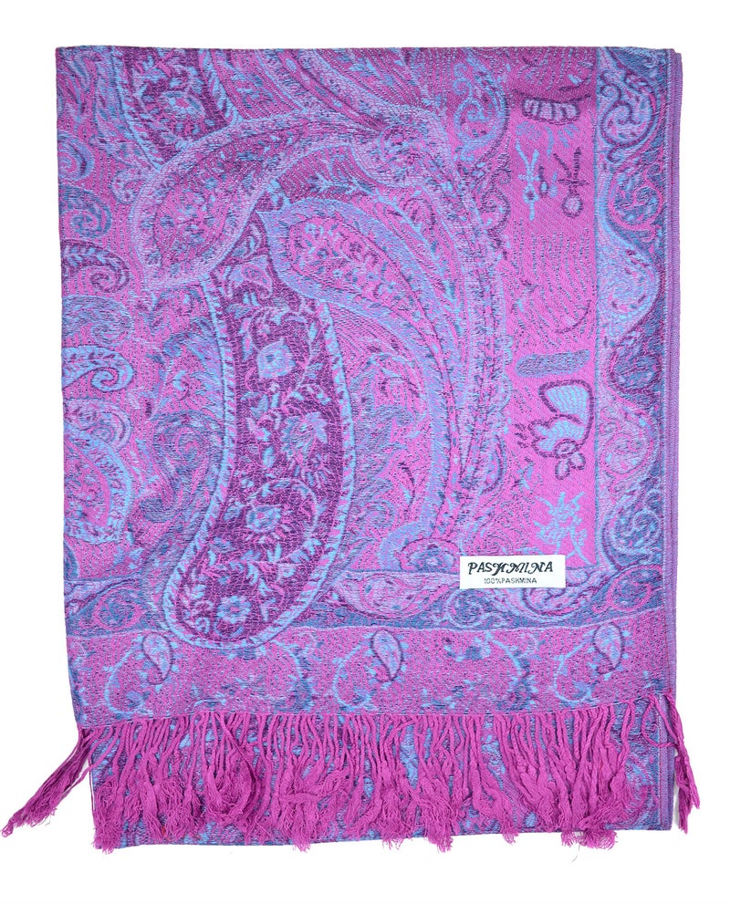 Plum Feathers Pashmina Scarf with Ethnic Tapestry Style Paisley Pattern - 67" x 28" Everyday Pashmina Travel Wrap and Shawl (Purple Tapestry) - Image 3