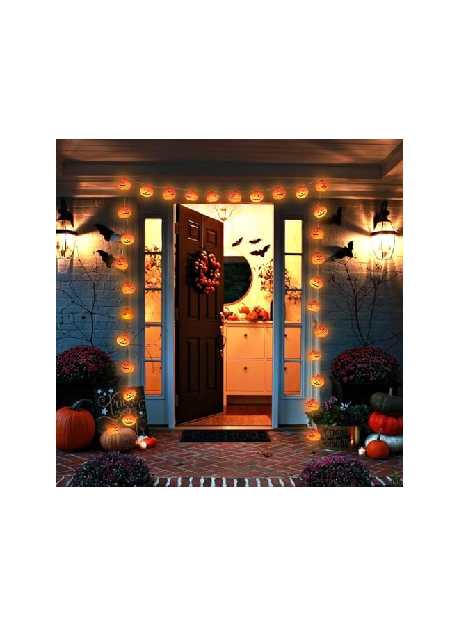 The Bros أضواء خيوط اليقطين للهالوين - 20 LED 9.8 قدم 3D لطيفة مقاومة للماء برتقالية جاك-أو-لانترن تعمل بالبطارية، 2 وضع ثابت/وميض للأضاءة الداخلية والخارجية وزينة الحفلات - Image 4