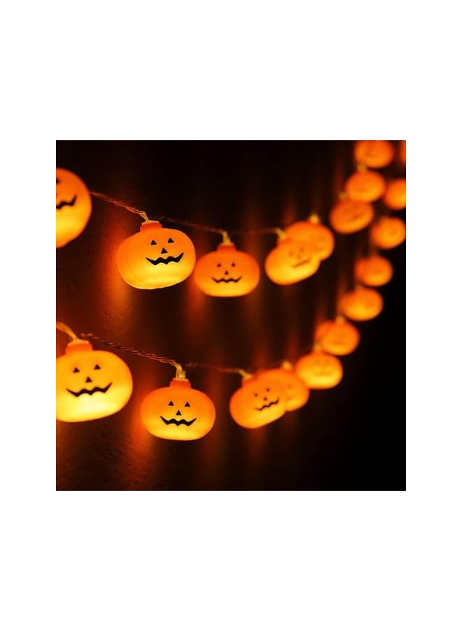 The Bros أضواء خيوط اليقطين للهالوين - 20 LED 9.8 قدم 3D لطيفة مقاومة للماء برتقالية جاك-أو-لانترن تعمل بالبطارية، 2 وضع ثابت/وميض للأضاءة الداخلية والخارجية وزينة الحفلات - Image 2