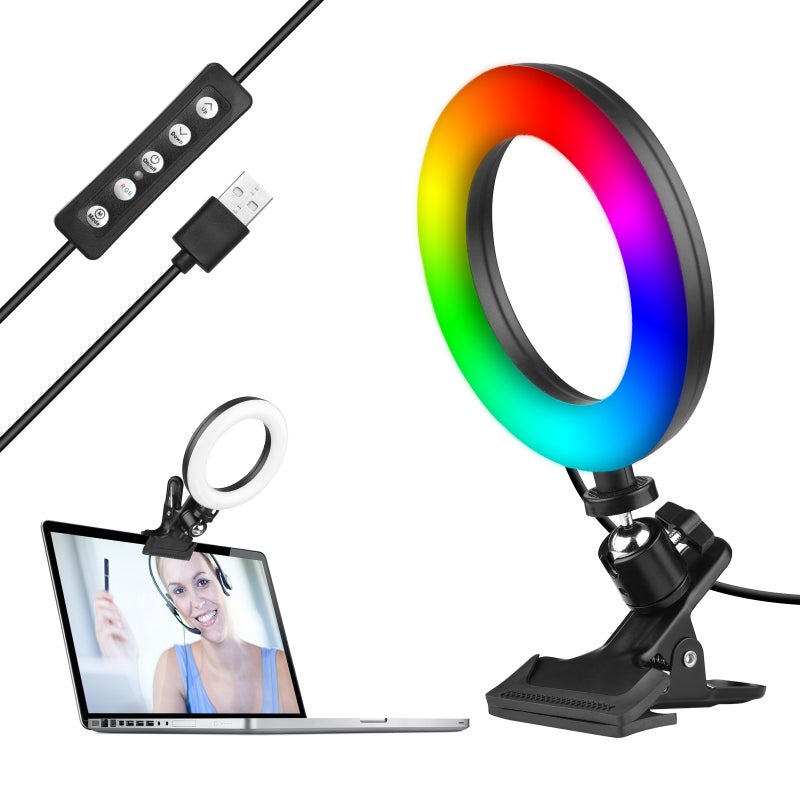 Clamp Ring Light: 10 Brightness Levels 2850K-6500K Temp - 18 RGB Lighting Modes 360° Rotatable Ball Head Black Ring Light for Video Conference Makeup Live Stream - Image 1