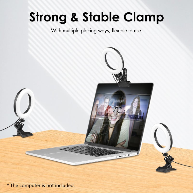 Clamp Ring Light: 10 Brightness Levels 2850K-6500K Temp - 18 RGB Lighting Modes 360° Rotatable Ball Head Black Ring Light for Video Conference Makeup Live Stream - Image 3