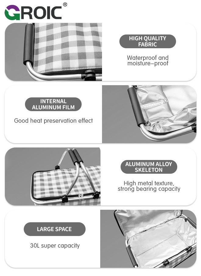 GROIC 30L Large Picnic Basket Shopping Travel Camping Grocery Bags,Insulated Picnic Basket,Leak-Proof Collapsible Cooler Bag,Grocery Basket with Lid and 2 Sturdy Handles,Camping Supplies(Gray)  - Image 4