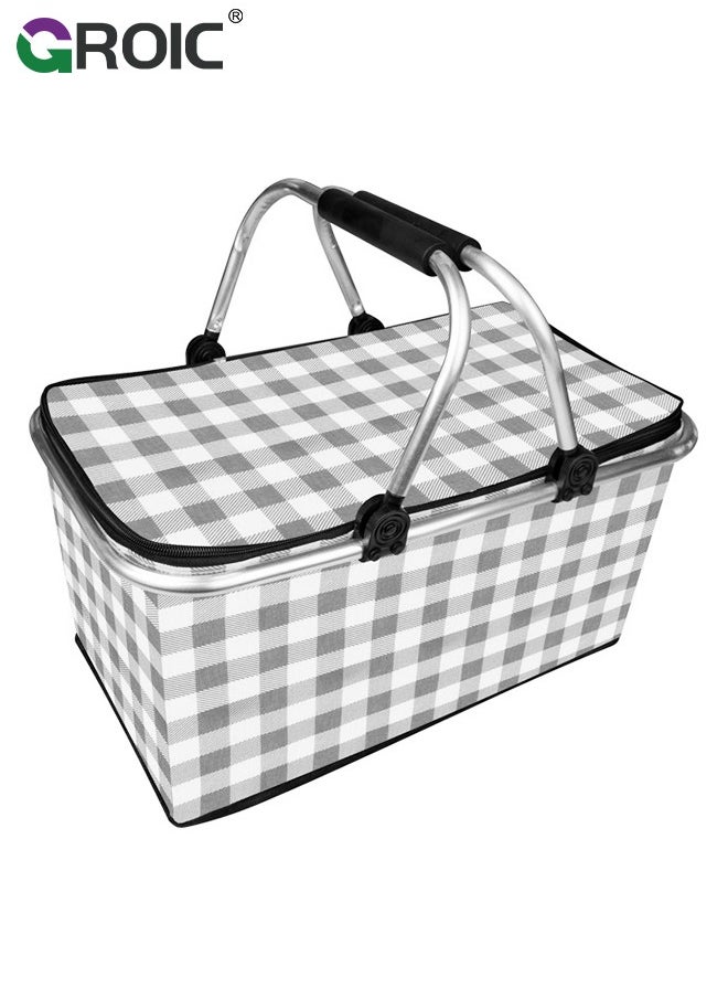 GROIC 30L Large Picnic Basket Shopping Travel Camping Grocery Bags,Insulated Picnic Basket,Leak-Proof Collapsible Cooler Bag,Grocery Basket with Lid and 2 Sturdy Handles,Camping Supplies(Gray)  - Image 1