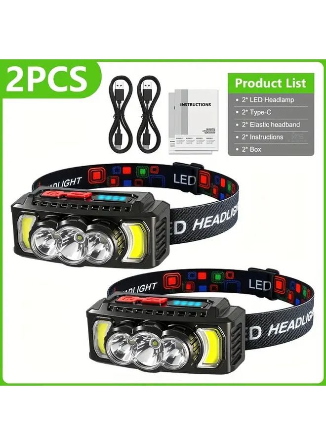 Black 2 Pack 30W Super Bright LED Headlamp Rechargeable Head Torch 7 Modes 180 Rotatable - Image 1