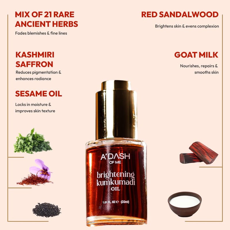 A Dash Of Me Brightening Kumkumadi Ayurvedic Face Oil 100 Pure Saffron Sandalwood Manjistha Natural Glow Skin Radiance For All Skin Types 30ml - Image 2