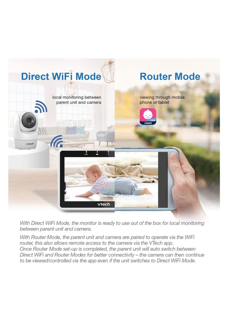 vtech - Vm901Hd Wifi Baby Monitor, Upgraded 5-Inch 720P Display, 1080P Camera, True-Colour Dayvision, Hd Nightvision, Fully Remote Pan Tilt Zoom, 2-Way Talk, Free Remote Access, Works With IOS, Android - Image 1