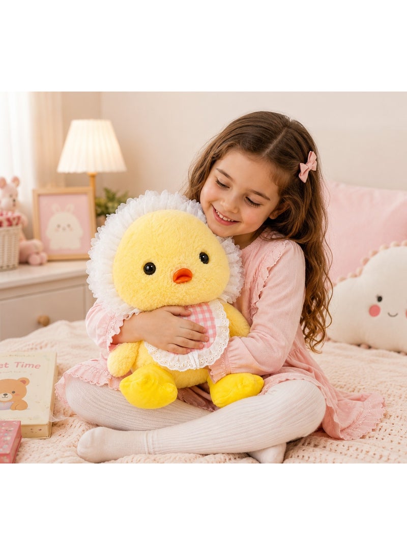 Cute Soft Yellow Chick Plush Toy with Lace Bonnet and Plaid Bib - Stuffed Animal Gift for Kids & Toddlers (Yellow) - Image 3