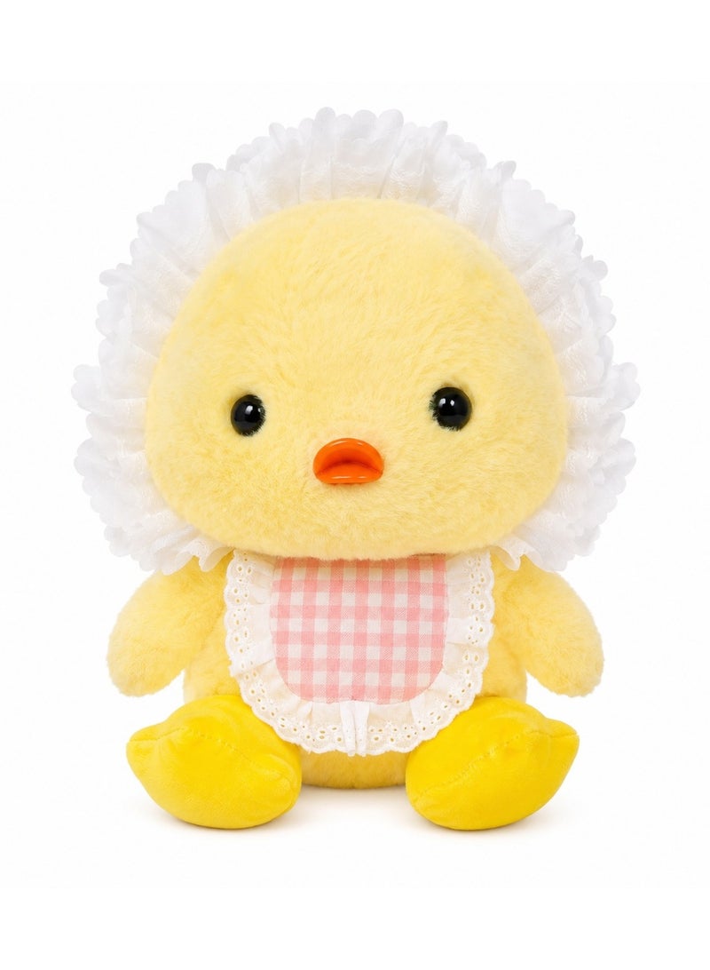 Cute Soft Yellow Chick Plush Toy with Lace Bonnet and Plaid Bib - Stuffed Animal Gift for Kids & Toddlers (Yellow) - Image 1