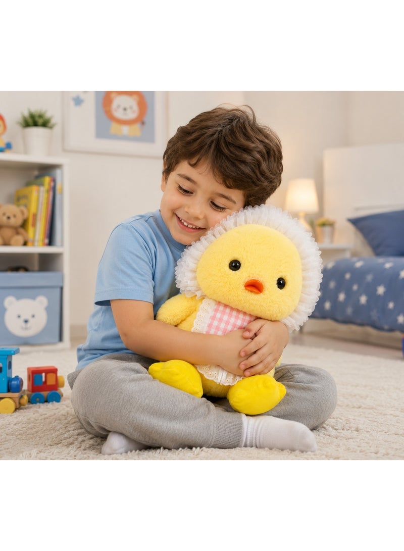 Cute Soft Yellow Chick Plush Toy with Lace Bonnet and Plaid Bib - Stuffed Animal Gift for Kids & Toddlers (Yellow) - Image 2