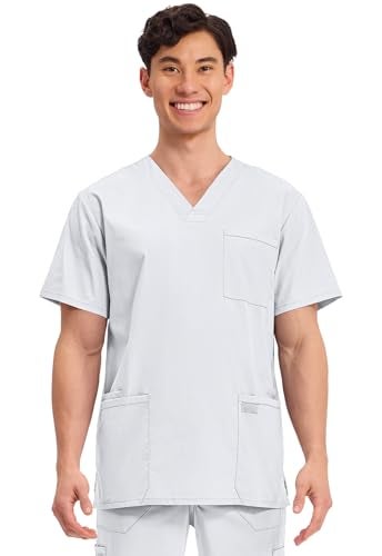Cherokee Men's V-Neck Top Traditional fit with 4 Pockets, Ultra Soft, Durable, Fade Resistant, 2-Way Stretch Fabric - WW695, XL, White - Image 1