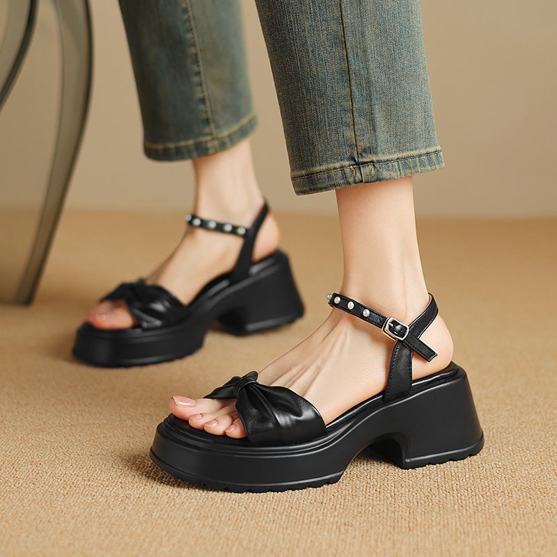 Wish 2024 Summer Thick Sole High Heel Women'S Shoes 33-43 Open Toe Beaded Size Size Buckle Sandals - Image 2
