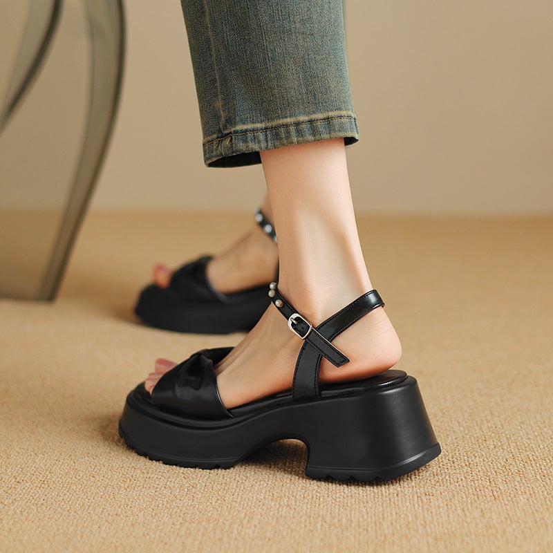 Wish 2024 Summer Thick Sole High Heel Women'S Shoes 33-43 Open Toe Beaded Size Size Buckle Sandals - Image 5