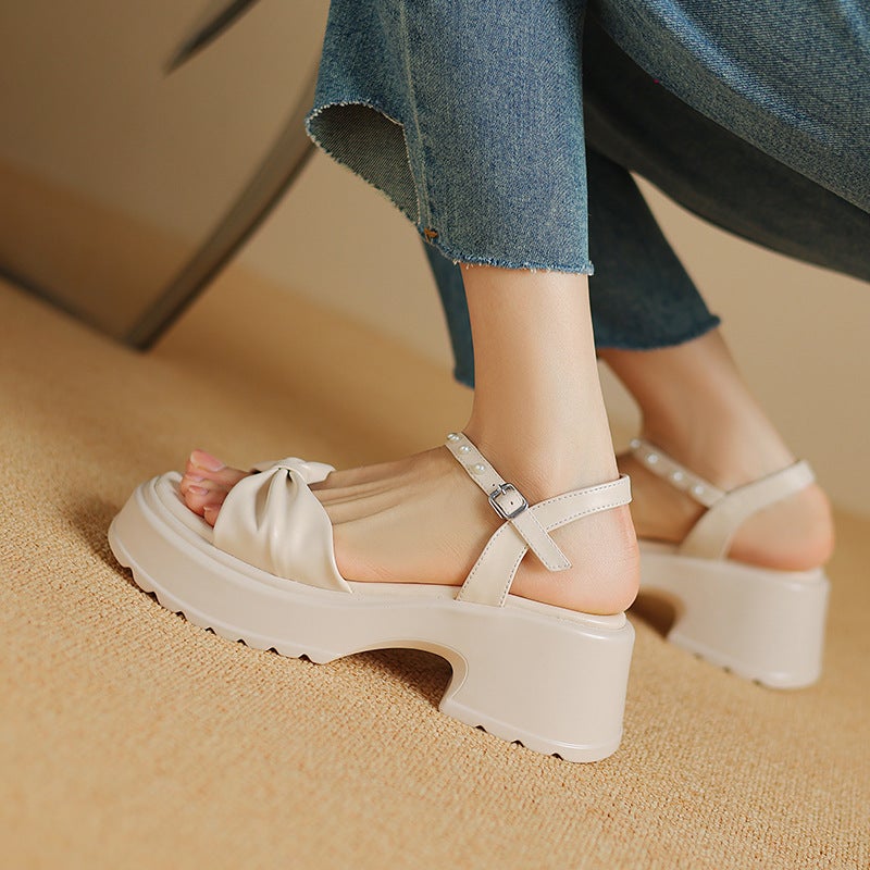 Wish 2024 Summer Thick Sole High Heel Women'S Shoes 33-43 Open Toe Beaded Size Size Buckle Sandals - Image 3