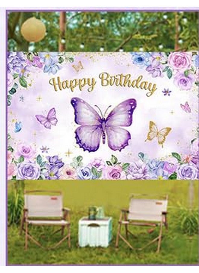 Mocsicka Mocsicka Butterfly Birthday Banner Purple Butterfly Birthday Backdrop for Party Girls Purple Pink Floral Gold Glitter Butterfly Birthday Decorations Banner Background 70.8 x 43.3 Inch  - Image 3