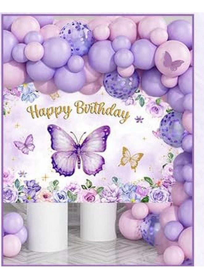 Mocsicka Mocsicka Butterfly Birthday Banner Purple Butterfly Birthday Backdrop for Party Girls Purple Pink Floral Gold Glitter Butterfly Birthday Decorations Banner Background 70.8 x 43.3 Inch  - Image 2
