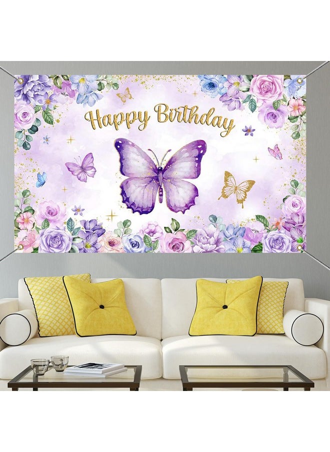 Mocsicka Mocsicka Butterfly Birthday Banner Purple Butterfly Birthday Backdrop for Party Girls Purple Pink Floral Gold Glitter Butterfly Birthday Decorations Banner Background 70.8 x 43.3 Inch  - Image 4
